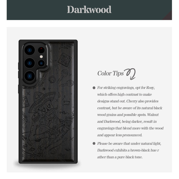Skeleton Guitarist, Classic Engraved Wood & TPU Case - Artisanal Cover for Samsung Galaxy