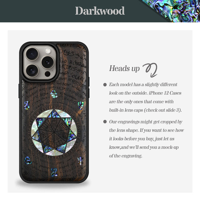 The Sacred Seals, Hand-Inlaid Wood & Mother of Pearl Case - Artisanal Cover for Apple iPhone