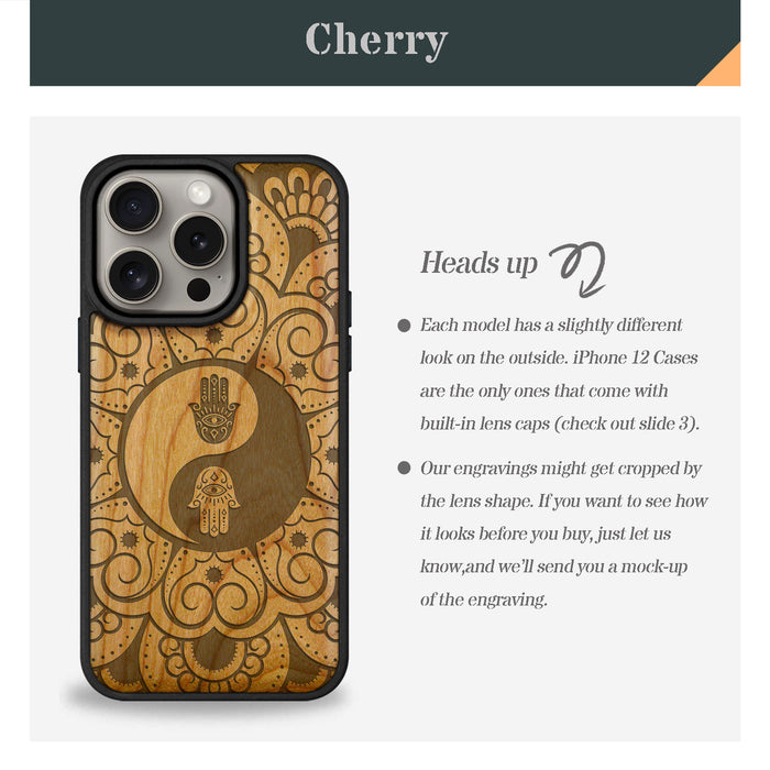 The Hamsa Yin-Yang Mandala, Classic Engraved Wood & TPU Case - Artisanal Cover for Apple iPhone