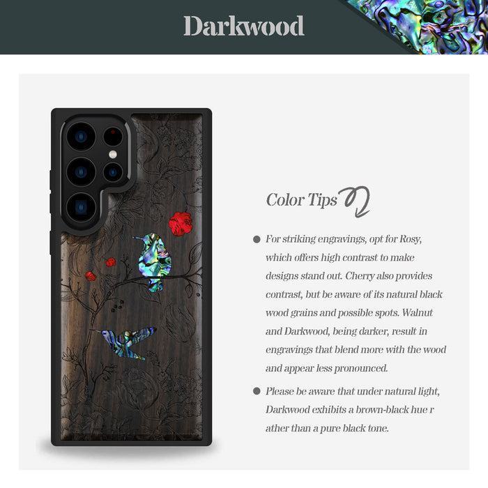 A Dance of Flora and Avian, Hand-Inlaid Wood & Mother of Pearl Case - Artisanal Cover for Samsung Galaxy