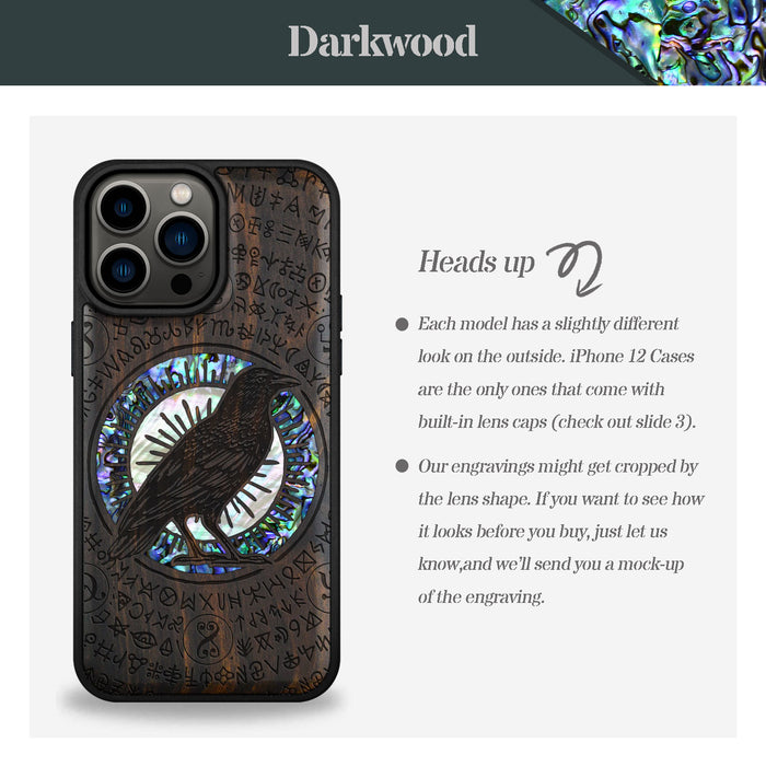 The Haloed Crow, Hand-Inlaid Wood & Mother of Pearl Case - Artisanal Cover for Apple iPhone