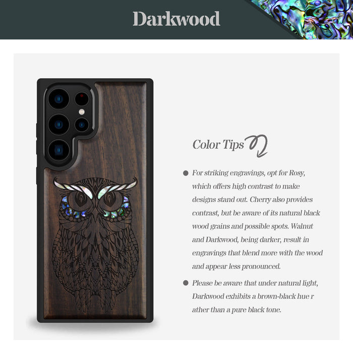 The Owl Mandala, Hand-Inlaid Wood & Mother of Pearl Case - Artisanal Cover for Samsung Galaxy