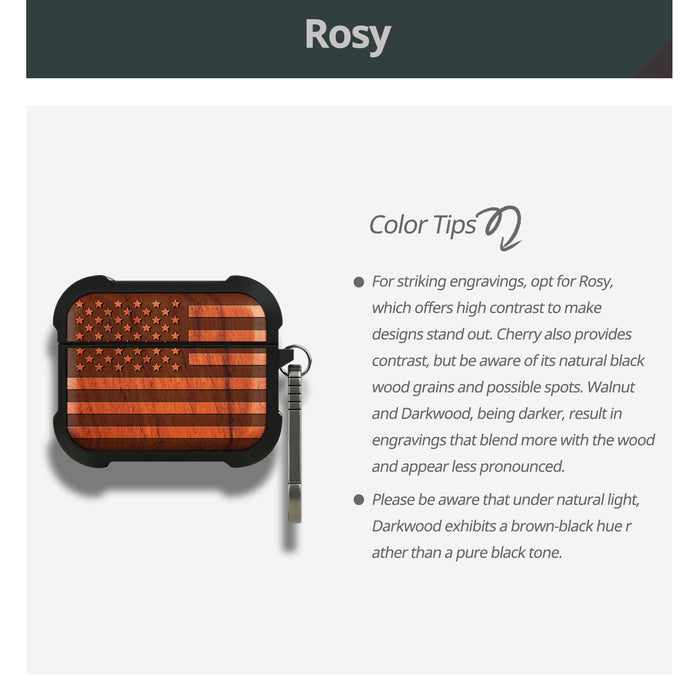 The Classic American Flag - Wood Artisan Engraved & Shell Hand-Inlaid Cover - Artisanal Case for Apple AirPods (Titanium Quick Released Clasp)