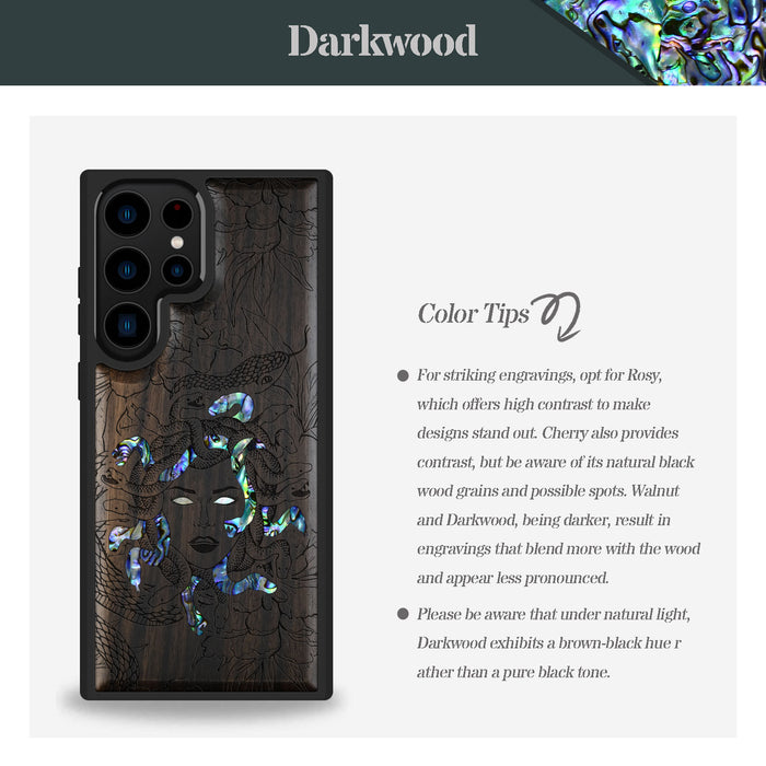 The Medusa Enigma, Hand-Inlaid Wood & Mother of Pearl Case - Artisanal Cover for Samsung Galaxy