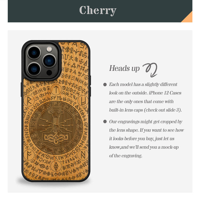 Mjölnir and the Runes, Classic Engraved Wood & TPU Case - Artisanal Cover for Apple iPhone