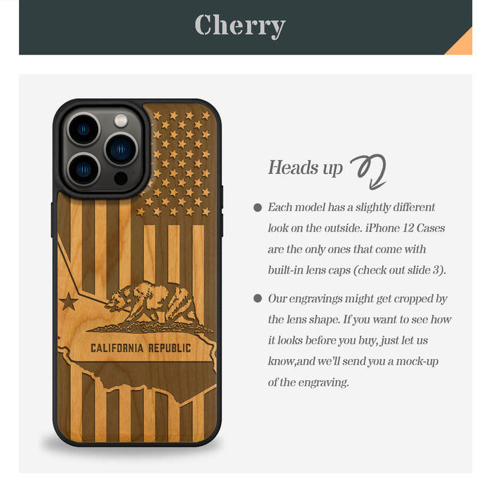 California's Emblematic Tribute, Classic Engraved Wood & TPU Case - Artisanal Cover for Apple iPhone