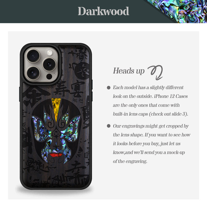 The Chinese Opera Mask, Hand-Inlaid Wood & Mother of Pearl Case - Artisanal Cover for Apple iPhone