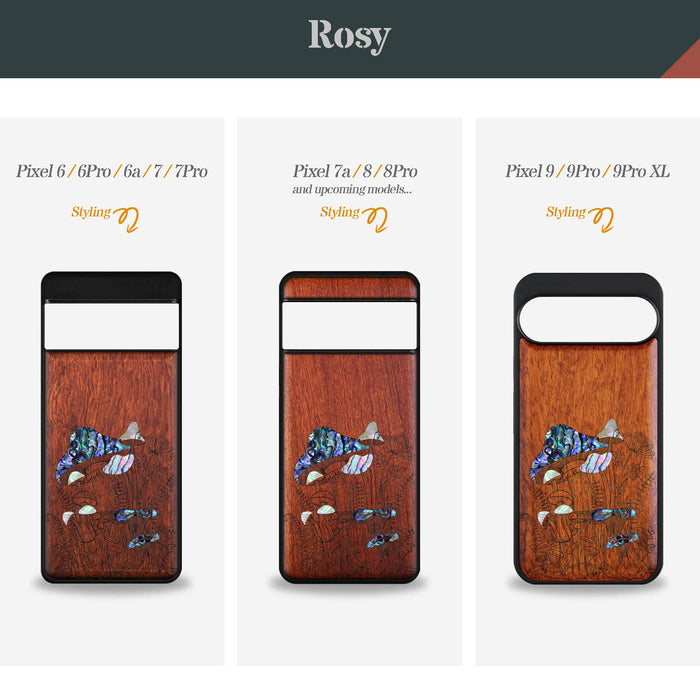 The Enchanting World of Mushrooms and Wildflowers, Hand-Inlaid Wood & Mother of Pearl Case - Artisanal Cover for Google Pixel