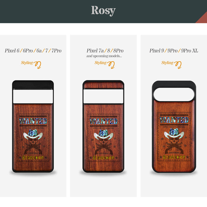 Outlaw Skull Wanted, Hand-Inlaid Wood & Mother of Pearl Case - Artisanal Cover for Google Pixel