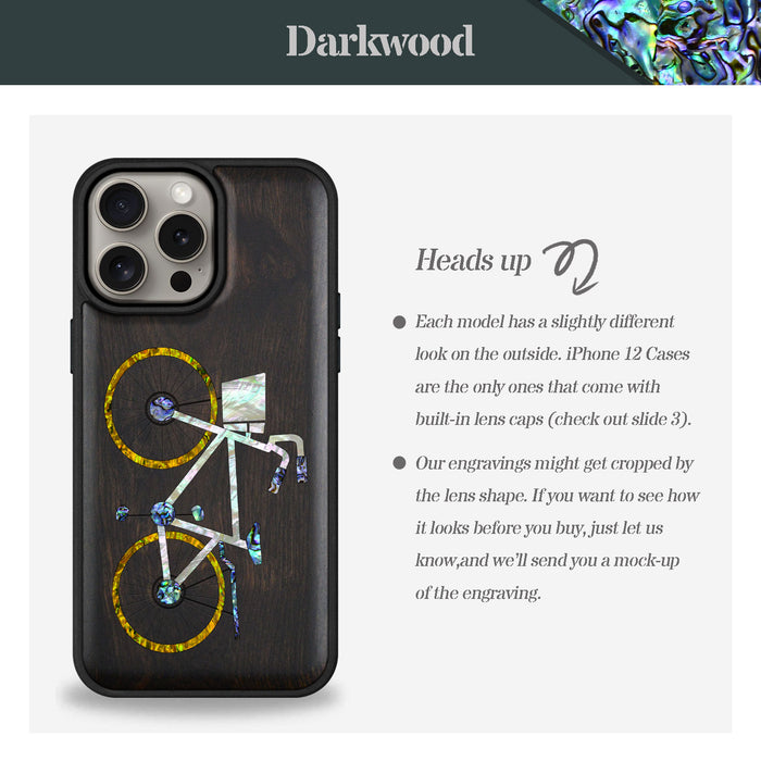 Classic Bicycle Silhouette, Hand-Inlaid Wood & Mother of Pearl Case - Artisanal Cover for Apple iPhone