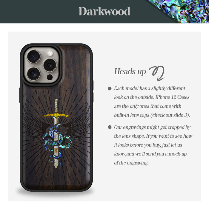 Serpent Winged Sword, Hand-Inlaid Wood & Mother of Pearl Case - Artisanal Cover for Apple iPhone