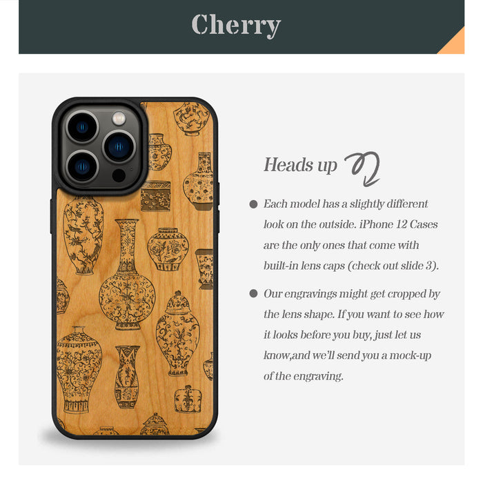 The Art of Chinese Ceramic Design, Classic Engraved Wood & TPU Case - Artisanal Cover for Apple iPhone