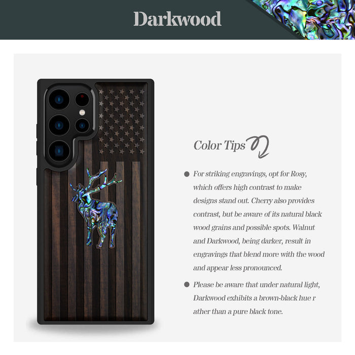 American Flag, Deer, Hand-Inlaid Wood & Mother of Pearl Case - Artisanal Cover for Samsung Galaxy