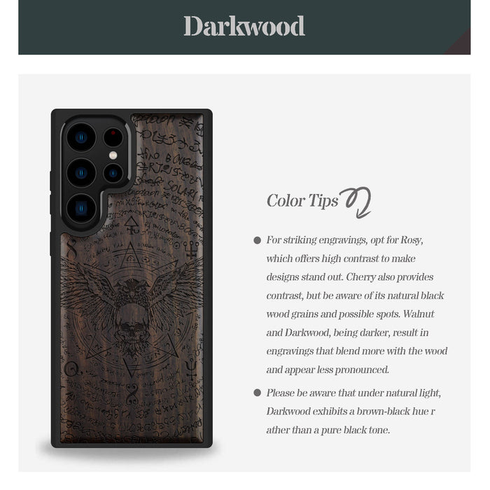 Owl and Skull in Octagonal Star, Classic Engraved Wood & TPU Case - Artisanal Cover for Samsung Galaxy