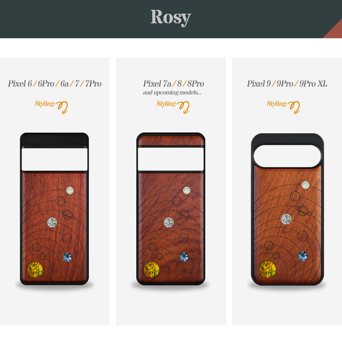 A Minimalist Line Work of Nine Planets, Hand-Inlaid Wood & Mother of Pearl Case - Artisanal Cover for Google Pixel