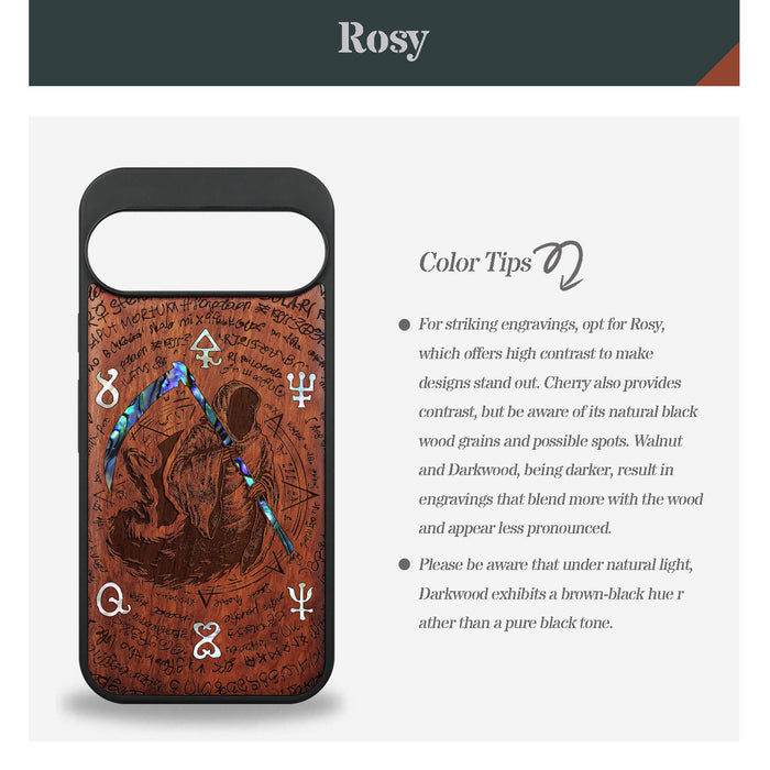 The Reaper's Scythe, Hand-Inlaid Wood & Mother of Pearl Case - Artisanal Cover for Google Pixel