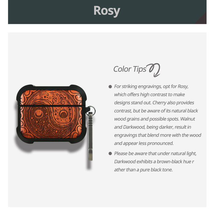 The Yin Yang Paisley - Wood Artisan Engraved & Shell Hand-Inlaid Cover - Artisanal Case for Apple AirPods (Titanium Quick Released Clasp)