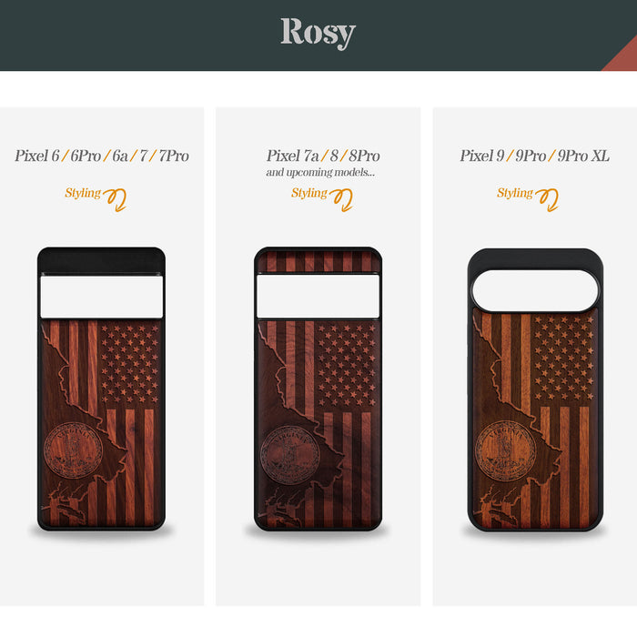 Virginia and Star Flag, Classic Engraved Wood & TPU Case - Artisanal Cover for Google Pixel