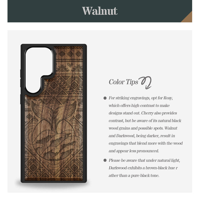 The Whale's Song Amidst Aztec Waves, Classic Engraved Wood & TPU Case - Artisanal Cover for Samsung Galaxy
