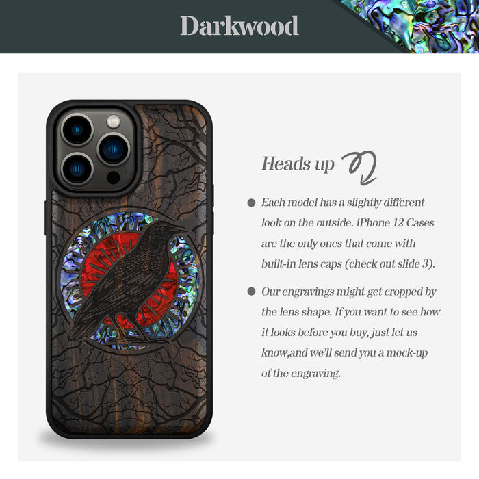 The Haloed Crow, Hand-Inlaid Wood & Mother of Pearl Case - Artisanal Cover for Apple iPhone