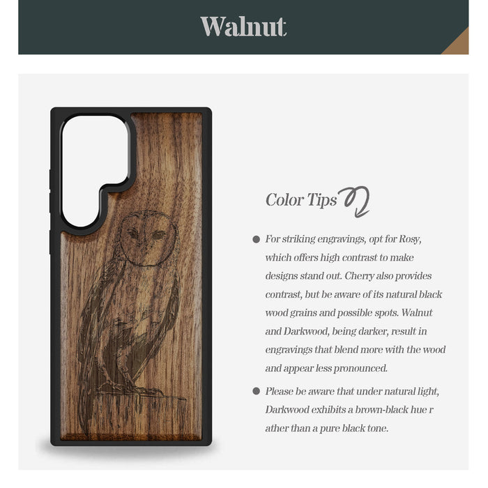 The Majestic Barn Owl, Classic Engraved Wood & TPU Case - Artisanal Cover for Samsung Galaxy