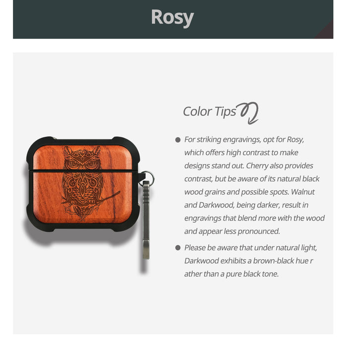 An Owl Perched on a Branch - Wood Artisan Engraved & Shell Hand-Inlaid Cover - Artisanal Case for Apple AirPods (Titanium Quick Released Clasp)