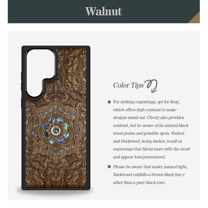 Ethereal Bloom Mandala, Hand-Inlaid Wood & Mother of Pearl Case - Artisanal Cover for Samsung Galaxy