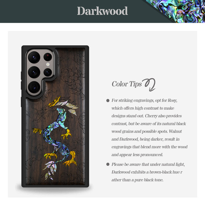 The Dragon's Ascen, Hand-Inlaid Wood & Mother of Pearl Case - Artisanal Cover for Samsung Galaxy