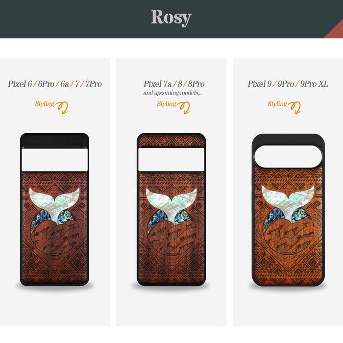 The Whale's Song Amidst Aztec Waves, Hand-Inlaid Wood & Mother of Pearl Case - Artisanal Cover for Google Pixel