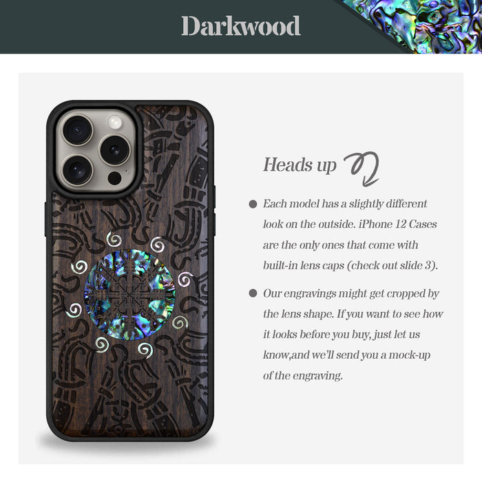 Shield of the Ancients, Hand-Inlaid Wood & Mother of Pearl Case - Artisanal Cover for Apple iPhone