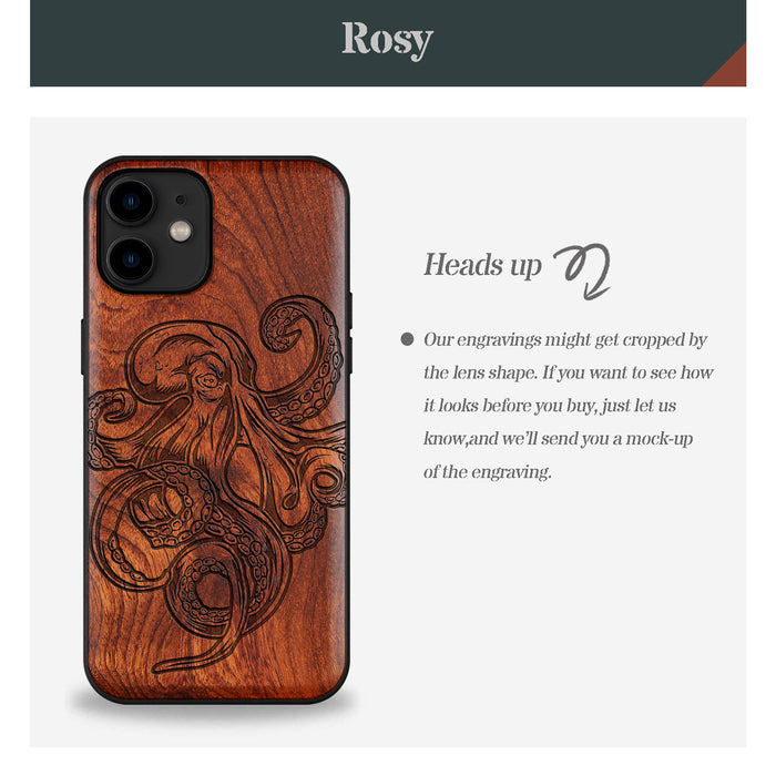 Bodybuilding Octopus Illustration, Classic Engraved Wood & TPU Case - Artisanal Cover for Apple iPhone