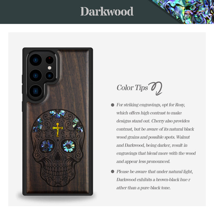 The Dia de los Muertos Sugar Skull, Hand-Inlaid Wood & Mother of Pearl Case - Artisanal Cover for Samsung Galaxy