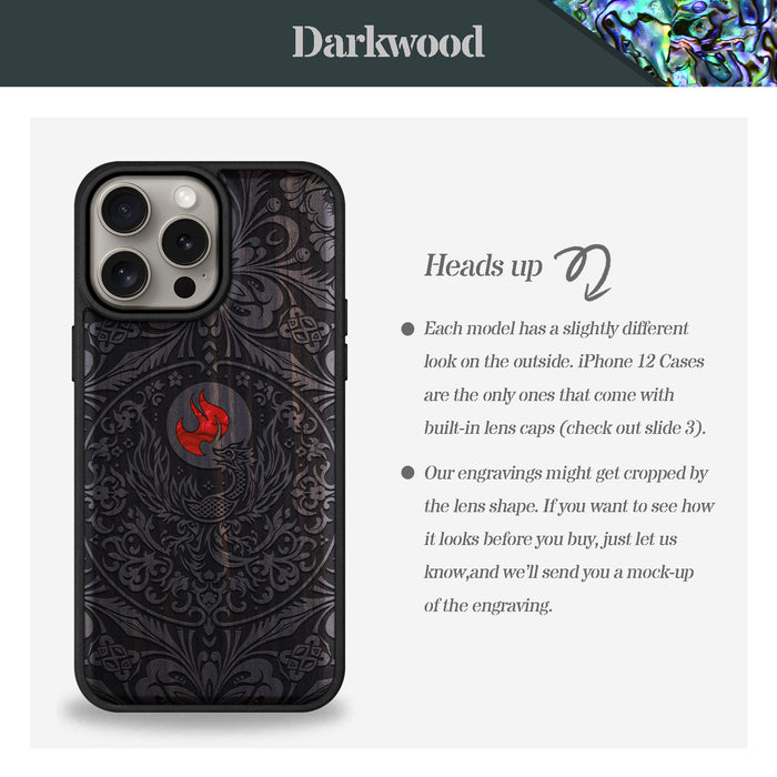 Phoenix in Symmetry, Hand-Inlaid Wood & Mother of Pearl Case - Artisanal Cover for Apple iPhone