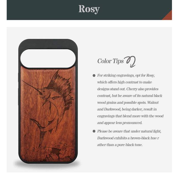 The Soaring Marlin, Classic Engraved Wood & TPU Case - Artisanal Cover for Google Pixel