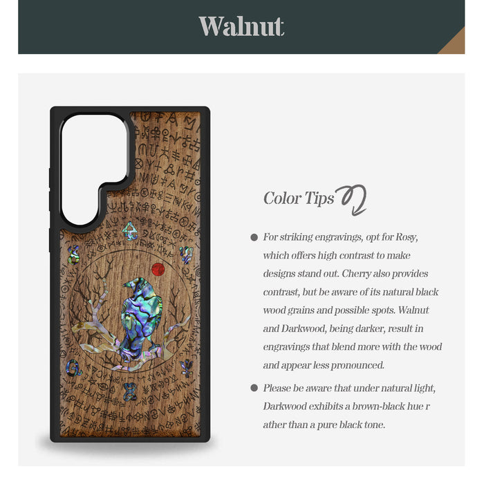 Whispers of the Enigma, Hand-Inlaid Wood & Mother of Pearl Case - Artisanal Cover for Samsung Galaxy