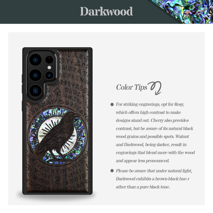 The Haloed Crow, Hand-Inlaid Wood & Mother of Pearl Case - Artisanal Cover for Samsung Galaxy