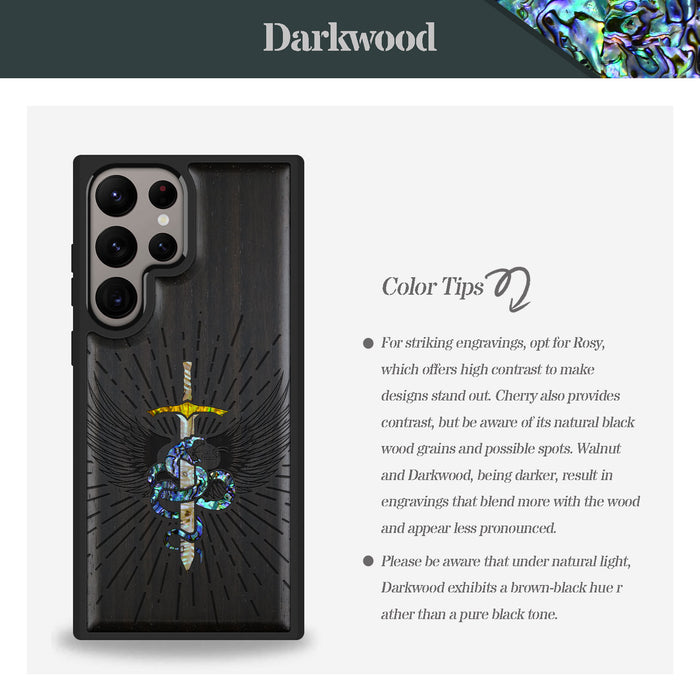 Serpent Winged Sword, Hand-Inlaid Wood & Mother of Pearl Case - Artisanal Cover for Samsung Galaxy