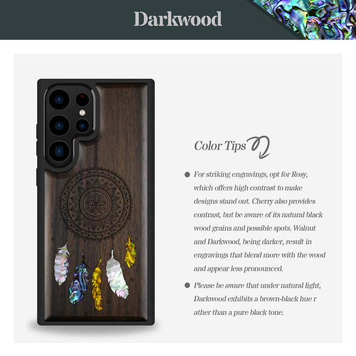 Dreamcatcher's Embrace, Hand-Inlaid Wood & Mother of Pearl Case - Artisanal Cover for Samsung Galaxy