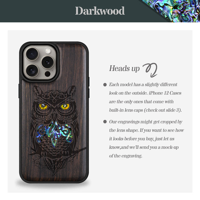 An Owl Perched on a Branch, Hand-Inlaid Wood & Mother of Pearl Case - Artisanal Cover for Apple iPhone