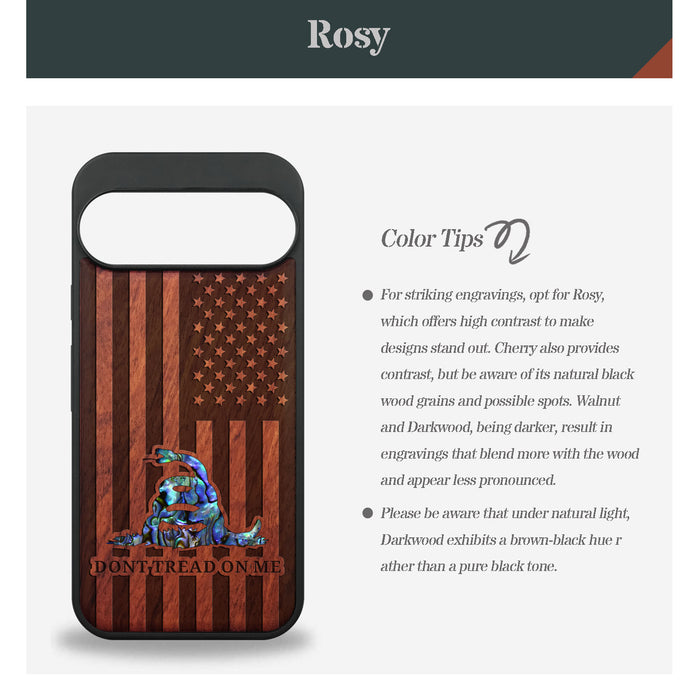 The Gadsden Flag Reenvisioned, Hand-Inlaid Wood & Mother of Pearl Case - Artisanal Cover for Google Pixel