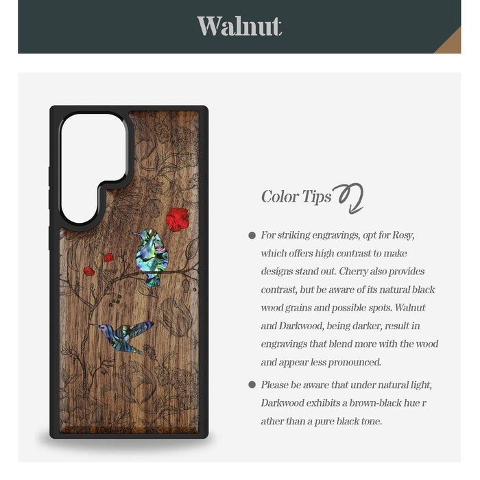 Floral Harmony in Flight , Hand-Inlaid Wood & Mother of Pearl Case - Artisanal Cover for Samsung Galaxy