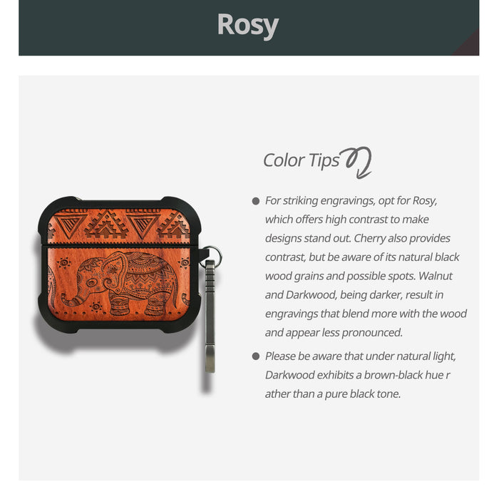 Lotus Elephant - Wood Artisan Engraved & Shell Hand-Inlaid Cover - Artisanal Case for Apple AirPods (Titanium Quick Released Clasp)