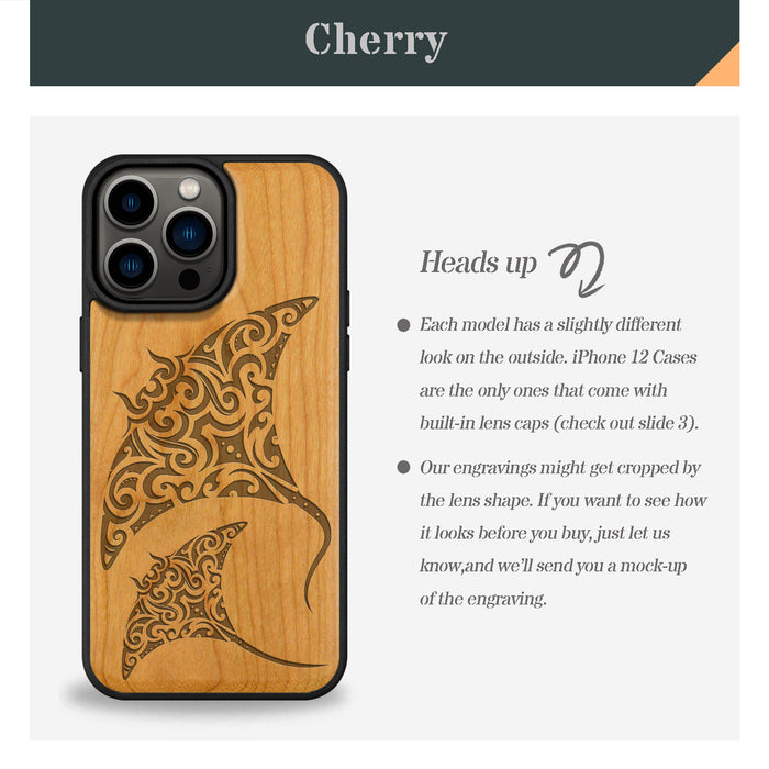 Polynesian Manta Rays, Classic Engraved Wood & TPU Case - Artisanal Cover for Apple iPhone