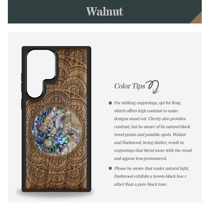 Yin-Yang Wolves Amidst Paisley, Hand-Inlaid Wood & Mother of Pearl Case - Artisanal Cover for Samsung Galaxy