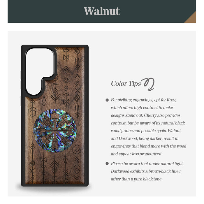 Echoes of Viking Lore, Hand-Inlaid Wood & Mother of Pearl Case - Artisanal Cover for Samsung Galaxy