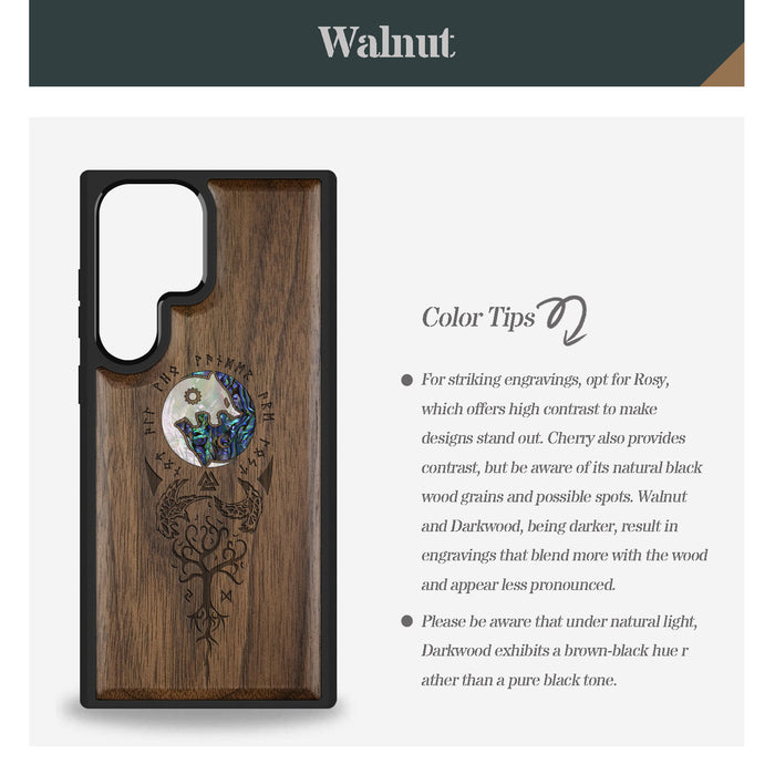 Vegvísir Ravens and Yggdrasil Hand-Inlaid Wood & Mother of Pearl Case Samsung Galaxy Artisanal Case View