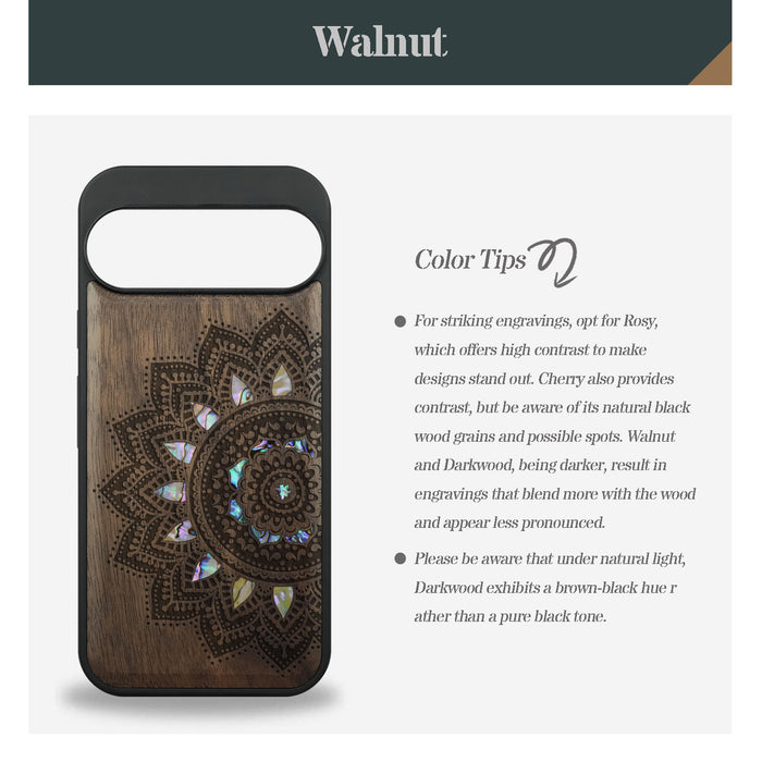 The Half Mandala Lace Art, Hand-Inlaid Wood & Mother of Pearl Case - Artisanal Cover for Google Pixel