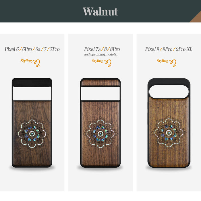 Mystic Floral Harmony, Hand-Inlaid Wood & Mother of Pearl Case - Artisanal Cover for Google Pixel