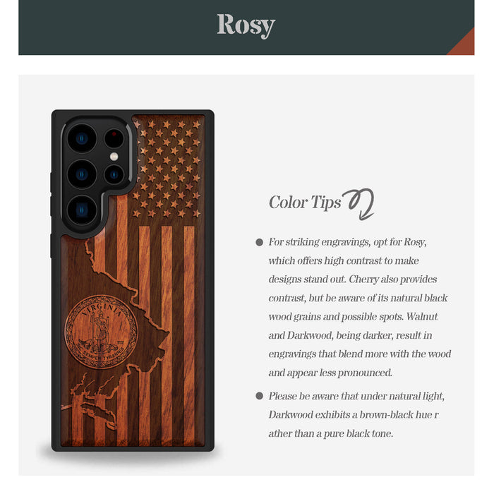 Virginia and Star Flag, Classic Engraved Wood & TPU Case - Artisanal Cover for Samsung Galaxy