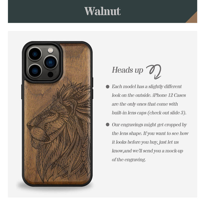 The Ornate Lion's Head, Classic Engraved Wood & TPU Case - Artisanal Cover for Apple iPhone